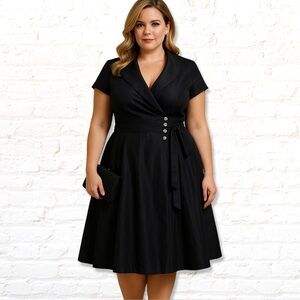Julian Taylor Black Fit & Flare Cocktail Dress 16 Rhinestone Button Belted